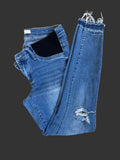 Medium-wash distressed jeans with frayed hems, front view